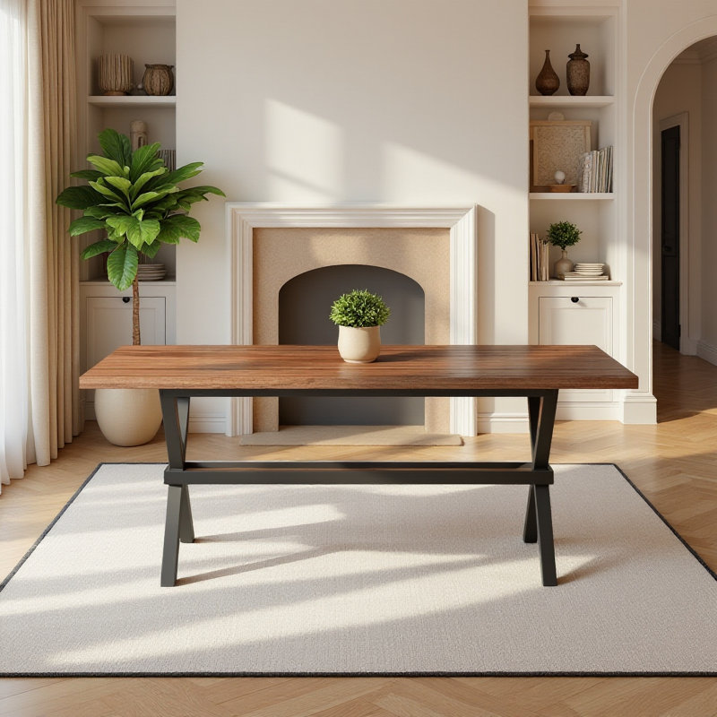 Table de salle à manger 71 po en MDF noyer avec structure en forme de X, Brun / Noir
