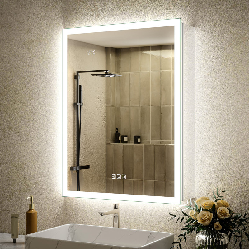 24X32" LED Medicine Cabinet With Double Lights-Front & Backlit, 155°Soft-Close Hinge, Dimmable Lights, Outlet, Clock & Sensor Light, Anti-Fog, Side Mirrors