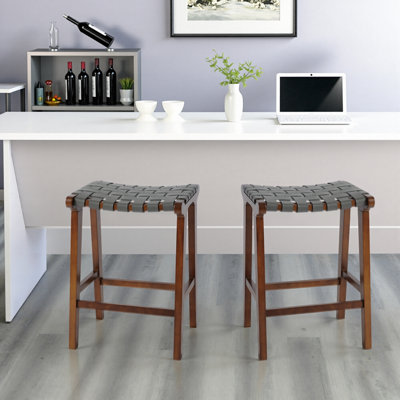 24" Counter Height Backless Bar Stools Set Of 2, Walnut Wood Frame With Grey Faux Leather Woven Seat, Modern Kitchen Island Stools For Breakfast Bar