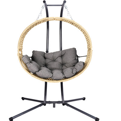 Fauteuil œuf à suspendre pour 2 personnes avec support extérieur, balancelle, détachable pour une inclinaison relaxante, coussin toutes saisons, structure robuste de 700 lb, siège inclinable gris + jaune,