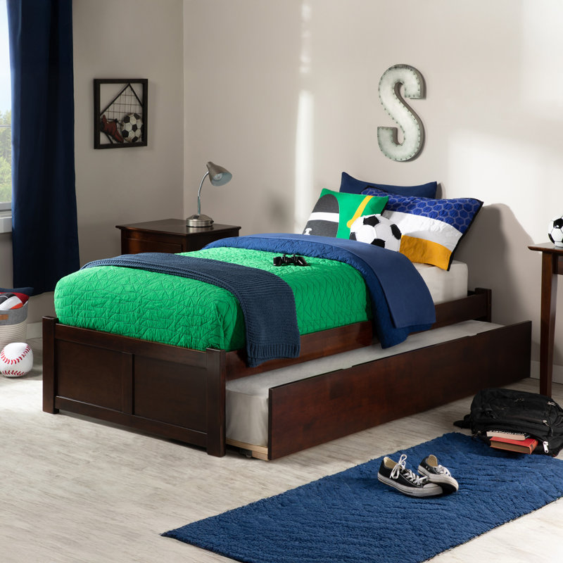 Lit plateforme en bois massif avec pied de lit et lit gigogne Concorde, Lit simple, Noyer