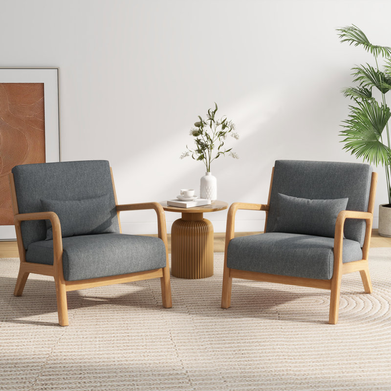 Upholstered Cotton Armchair, Grey Polyester Blend, Natural Wood