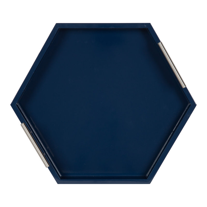 Plateau décoratif hexagonal avec poignées en métal Norvan, Bleu marin / Argent