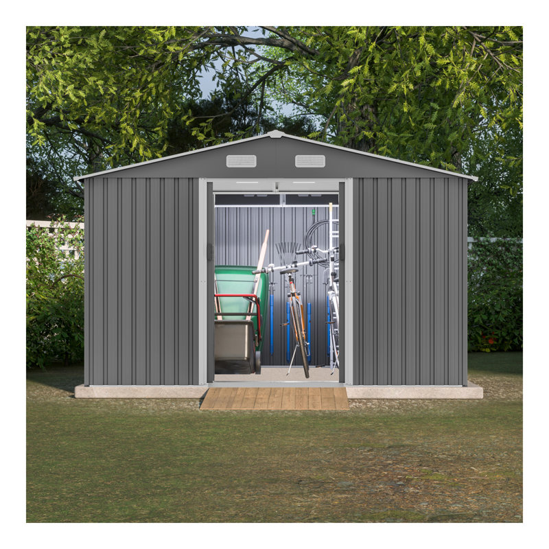 Remise de rangement extérieure 10 pi x 8 pi, fondation en métal et portes verrouillables, remise à outils pour le jardin, le patio, la cour arrière, la pelouse, gris