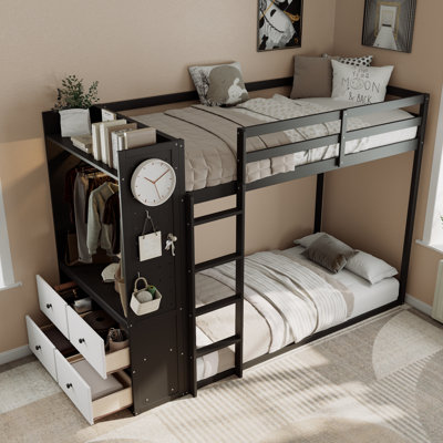 Lit superposé simple avec 4 tiroirs de rangement, rail suspendu, bande lumineuse, tablettes intégrées et panneaux perforés doubles