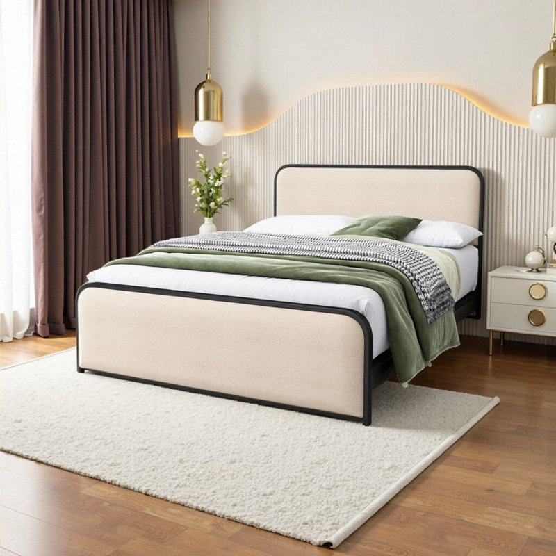 Structure de lit moderne très grand en métal beige avec tête de lit tapissier incurvée et rangement sous le lit