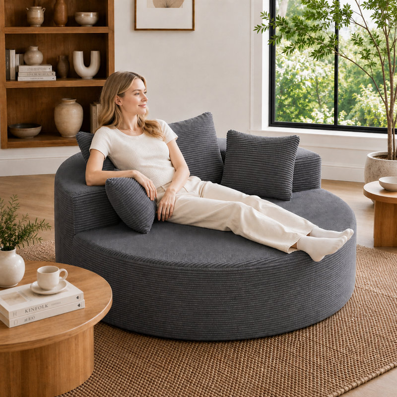 55.5'' Round Corduroy Compression Lounge Chair with Pillows, Oversized Upholstered Floor Sofa for Living Room & Bedroom, Gray