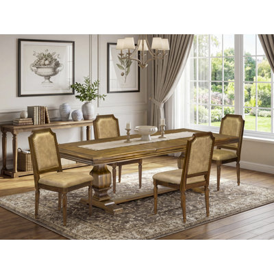 L'ensemble de table de salle à manger 5 pièces moderne se compose d'une table de cuisine et de 4 chaises de salle à manger en cuir de polyuréthane beige avec une finition noyer antique à haut dossier