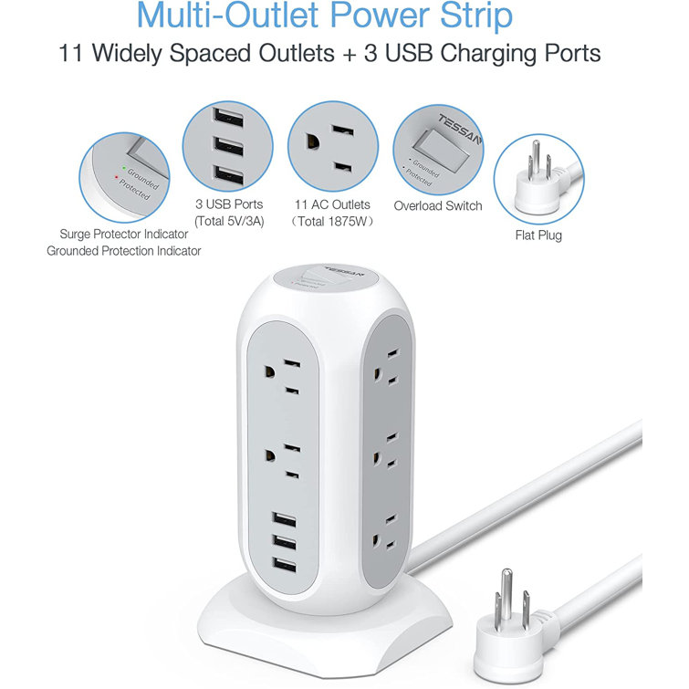 TESSAN WiFi Flat Plug Strip with 3 Smart Outlets and 3 USB Ports, 6 Feet Extension Cord