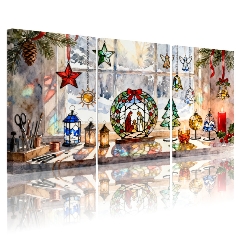Scène de fenêtre de Noël avec décorations et reflets, ensemble de 3 impressions d'art sur toile