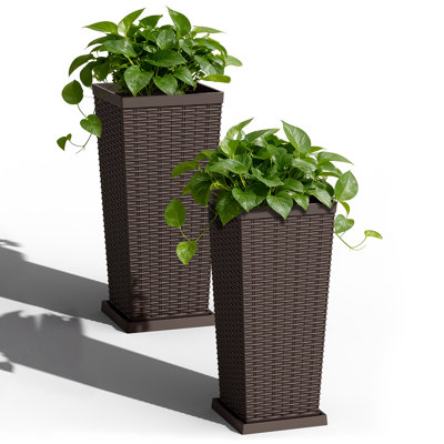 Hautes jardinières en faux osier avec trou de drainage et plateau, pots de plantes en résine de 24 po de hauteur pour la décoration intérieure et extérieure de jardin
