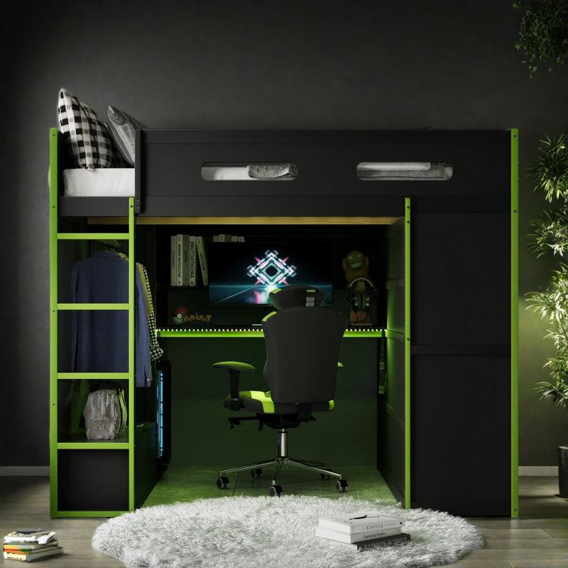 Lit mezzanine double en bois avec bureau, garde-robe, grand espace de rangement et lumière DEL RVB, Vert