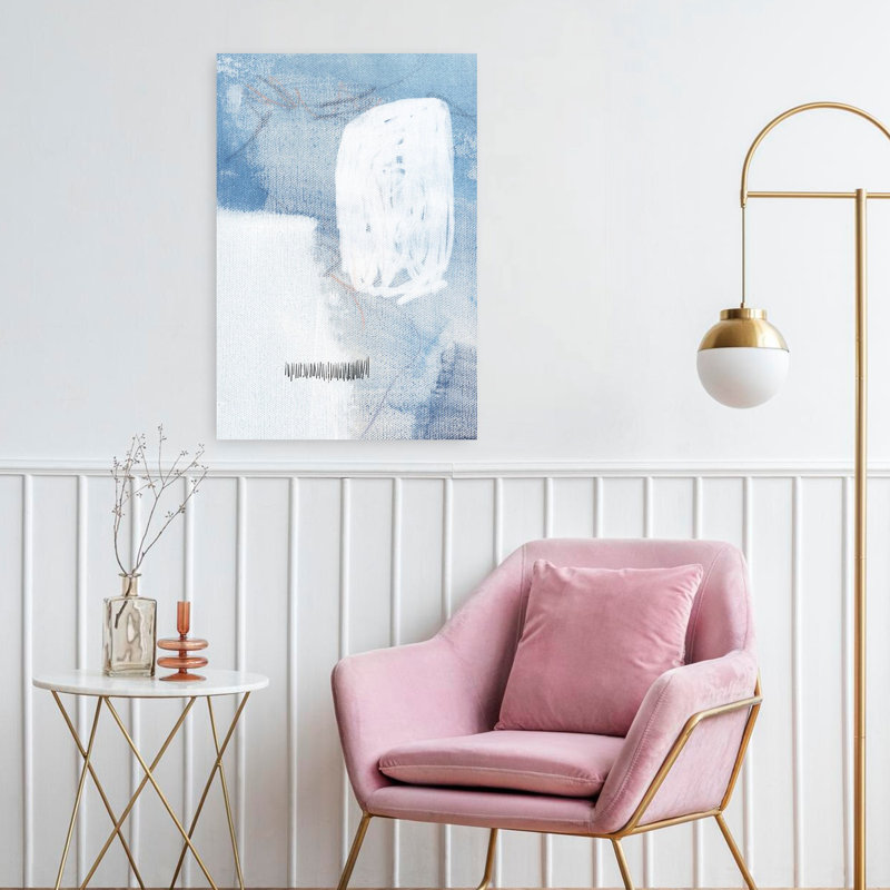Art mural minimaliste contemporain blanc et bleu abstrait, H 24 po x l 16 po