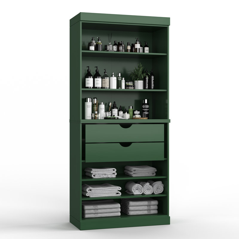 Armoire de salle de bain autoportante 100% bois massif 32 po avec 2 tiroirs et tablettes réglables - Rangement de salle de bain moderne