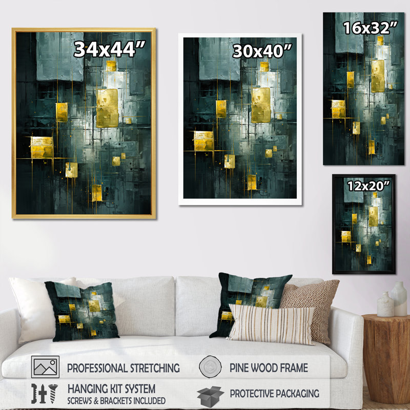 Emerald Reflections Abstract Cubist I - Peinture abstraite sur toile, art mural, Cadre doré à une seule photo