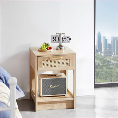 Table basse en rotin blanc avec tiroir - Table d'appoint en panneau de fibres à densité moyenne pour salon / chambre à coucher, rangement facile