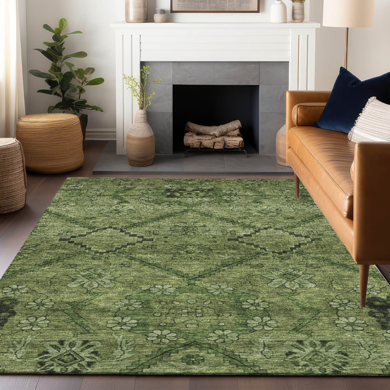 Tapis olive Prisco lavable à la machine de qualité supérieure, Rectangle 5 pi x 7 pi 6 po