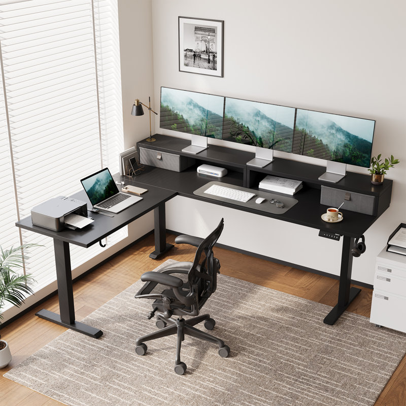 Bureau debout électrique en forme de L de 75 po avec 2 tiroirs, bureau ergonomique à hauteur réglable en coin, table d'ordinateur avec rangement pour la maison et le bureau