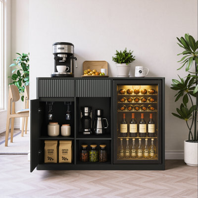51.2" Modern Fluted Bar Cabinet with Fridge Compartment(Fridge Not Included, Adjustable Shelves & Built-in Power Outlets, Multipurpose Wine Storage Cabinet for Living & Dining Room, Black