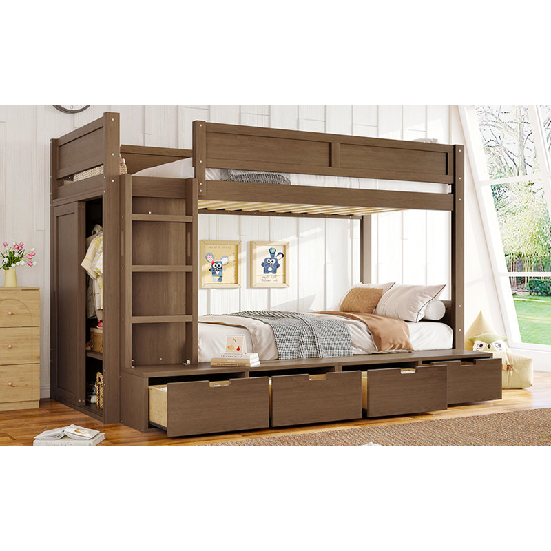 Lit superposé simple au-dessus de simple avec 4 tiroirs de rangement, lit superposé en bois massif avec garde-robe intégrée et garde-corps pleine longueur, aucun sommier nécessaire, brun