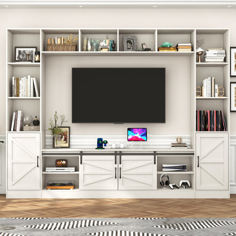 Entertainment Center/TV Stand For Tvs Up To 80" With Charging Station, Sliding Barn Door Cabinets, And Bookcase, White