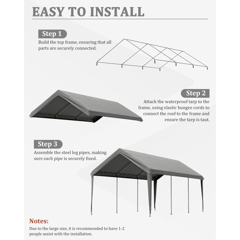 Carport Canopy Replacement Cover With Ball Bungees (Frame Is Not Included), Light Gray, 112.8" H x 144" W x 240" D