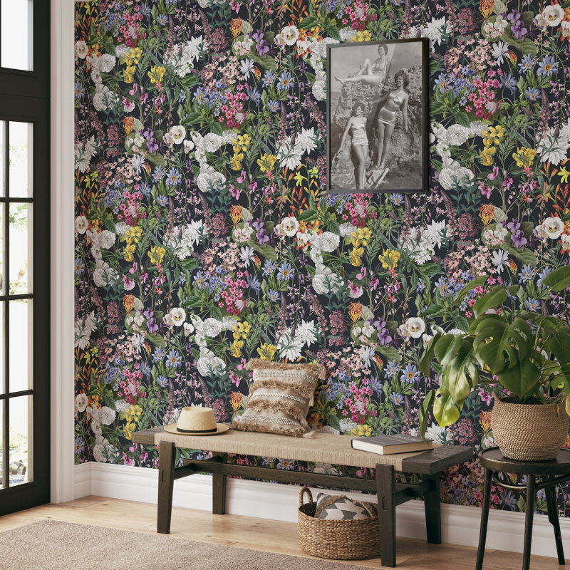 Vintage Botanical Dark Floral Wallpaper Green Pink