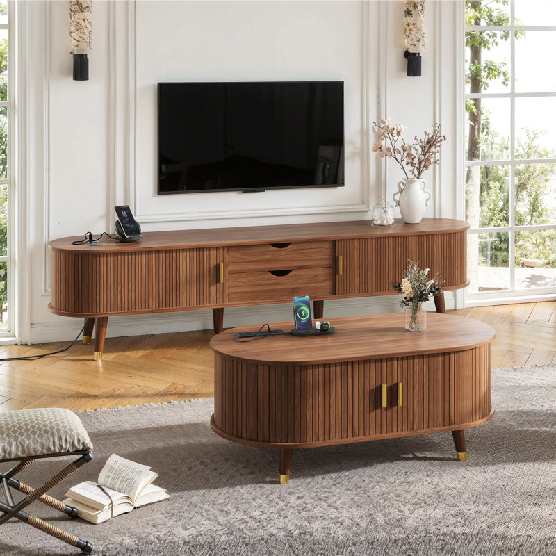 Ensemble de meuble télé et table basse en bois avec station de charge, Noyer