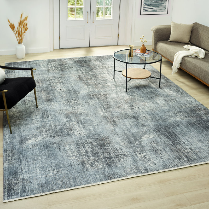 Tapis bleu en coton tissé à la machine Aldora Stormwash, Rectangle 7 pi 6 po x 9 pi 6 po