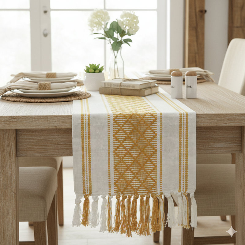 Boho Cotton Woven Table Runner With Tassels, Mustard Yellow/Cream, 90" x 14"