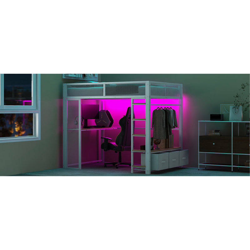 Lit de jeu en métal avec DEL, garde-robe ouverte et 3 tiroirs de rangement, pleine grandeur, bureau blanc - expérience fonctionnelle, qualité de vie