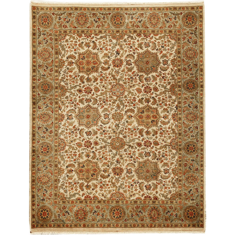 Tapis ivoire et vert noué à la main de haute qualité