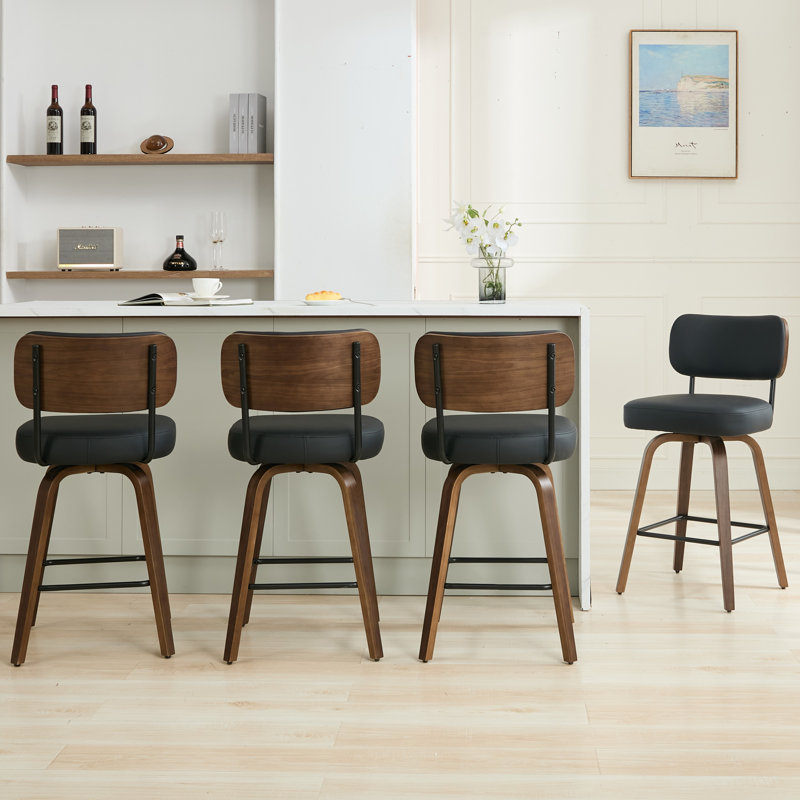 Tabouret de comptoir pivotant 26 po avec structure en bois courbé au fini noyer, 4, Brun