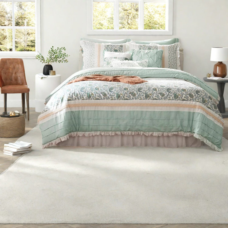 Ensembles de literie 9 pièces élégants, édredon en percale de coton, très grand turquoise