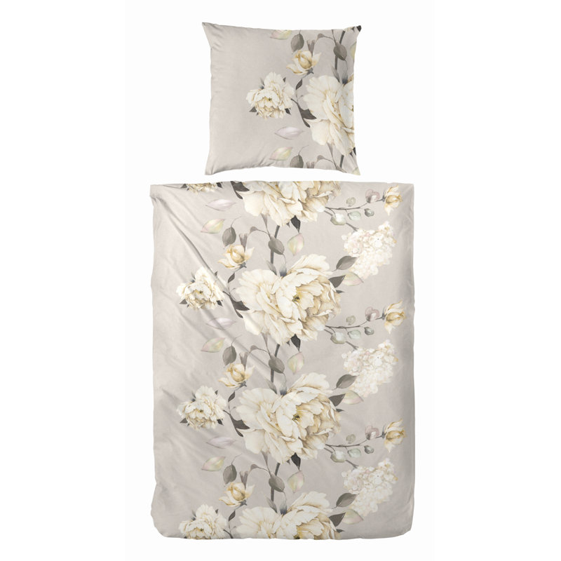 Octavia Cotton Floral Duvet Cover Set with Pillow Shams Included, Single Duvet Cover + 1 Standard Pillowcase, Grey/Beige
