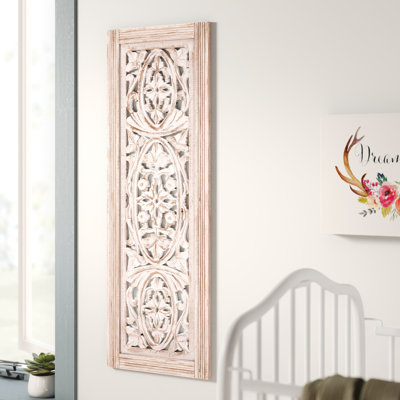 Rectangular Mango Wood Wall Panel Hand Crafted With Intricate Carving, White and Brown