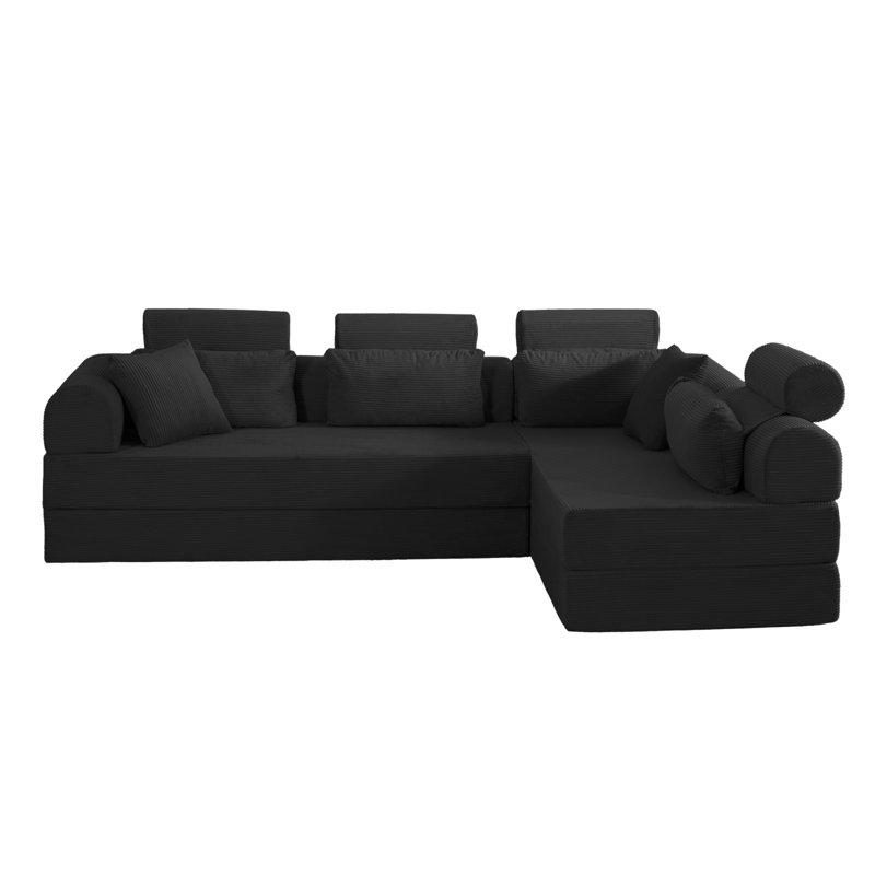 Canapé modulaire en forme de L, canapé modulaire compressé en velours côtelé de style minimaliste moderne, se déplie en un lit, une chambre à coucher, canapé confortable à conception compacte (noir)
