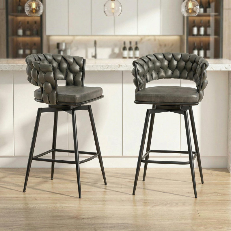28" Swivel Bar Stools Set Of 2 – Faux Leather Counter Stools With Woven Backrest, Metal Base & Footrest, Black