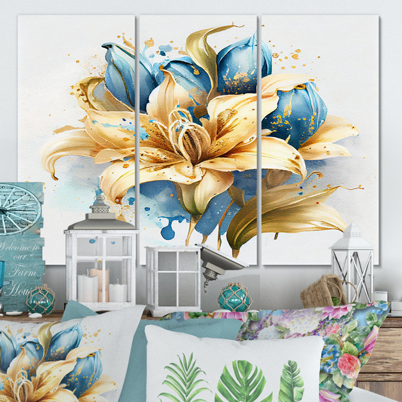 «Gold and Blue Lily Bouquet I», reproduction sur toile 3 pièces, H 28 po x l 36 po x P 1 po, Toile tendue