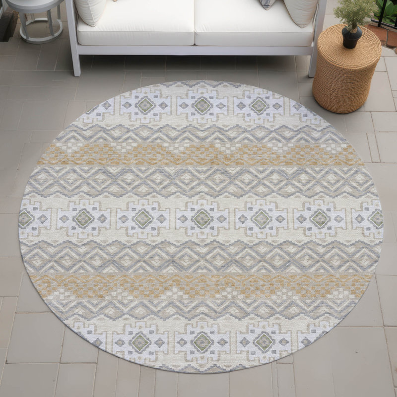 Machine Washable Indoor/Outdoor Chantille ACN2760 Striped Rug, Beige, 8' Round