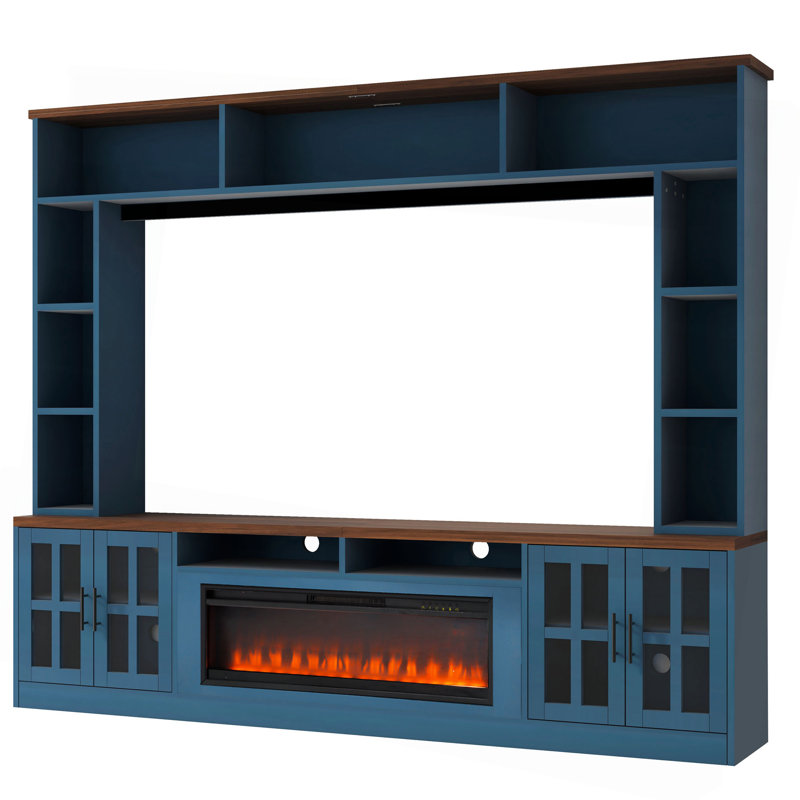 95.5" W Wall Unit Entertainment Center Tvs Up To 80", Yes, Navy Blue