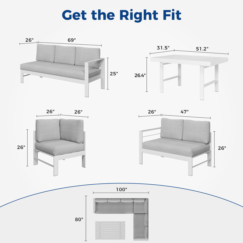 4 Piece Aluminum Sectional Seating Group with Cushions, White Frame/Light Gray Cushion