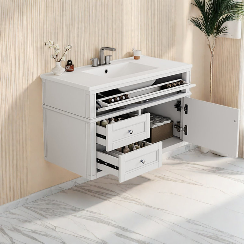 Meuble-lavabo moderne (doit inclure le meuble-lavabo et le lavabo), panneau de fibres à densité moyenne blanc
