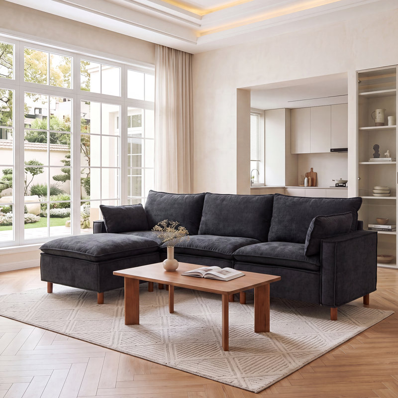 Canapé modulaire en L 108,5 po avec repose-pieds mobile, canapé rembourré en tissu de chenille confortable, canapé en nuage pour salon, appartement, noir