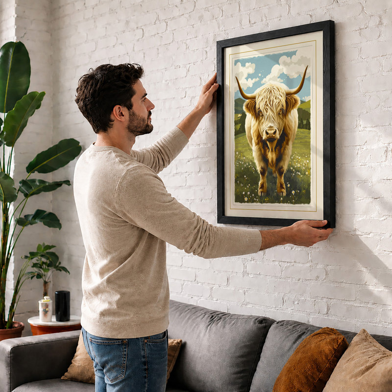 Highland Cattle In Bloom Rustic - Print, Black, A3 - 42.0 x 29.7 cm
