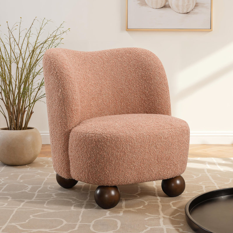 Contemporary Pink Accent Chair With Rounded Silhouette, Boucle Upholstery, And Solid Wood Construction For Living Rooms Areas