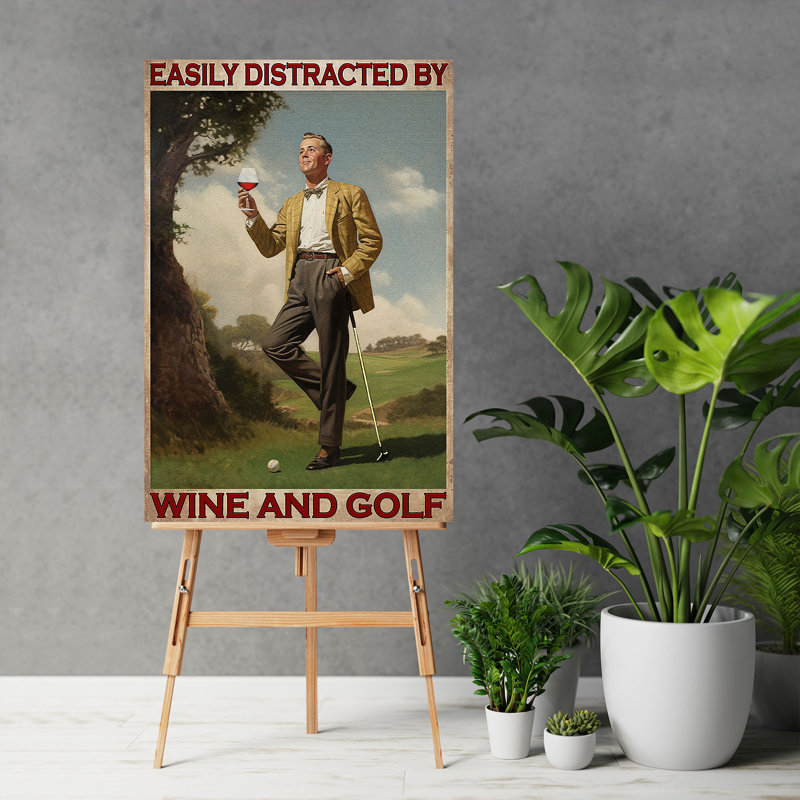 «Man jouant au golf - facilement distrait par le vin et le golf», impression sur toile tendue, H 48 po x l 32 po x P 1,25 po