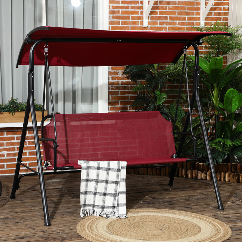 3 Patio Swing With And Canopy - Outdoor Comfort Red Chair For 3 Ideal Backyard Patio, Garden, Poolside