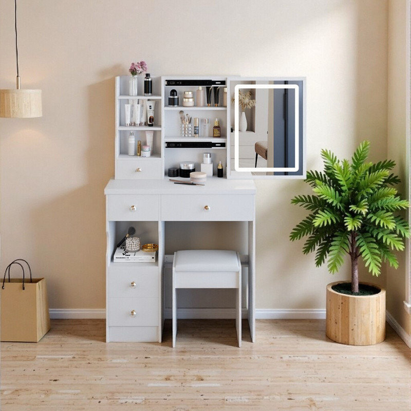 29 Inch Compact Vanity Desk with LED Mirror, Space-Saving Dressing Table and Stool Set, White