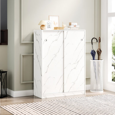 White Shoe Cabinet, Sliding Door - 6-Layer Storage For At Least 30 Pairs Marble Color Minimalist Style All Homes Space Saver Cabinet In Holds Over Of Ballerinas